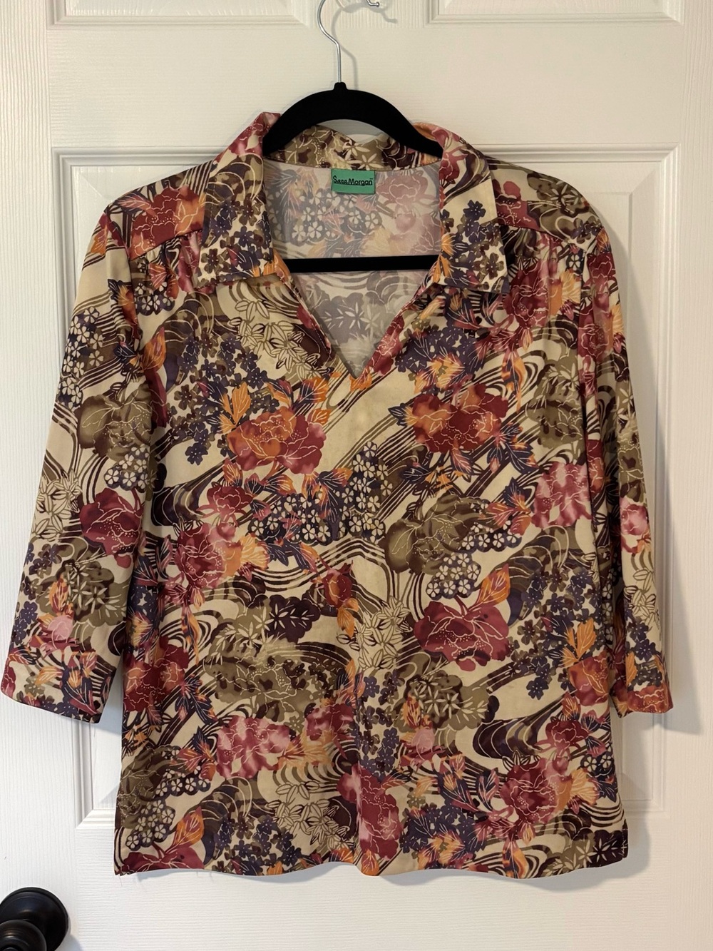 Sara Morgan Floral Blouse 3/4 Sleeve Fall Halloween Hippie or 70s Boho Retro Top